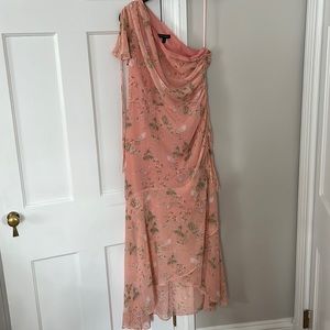 Tropical print one shoulder, asymmetrical hem dress